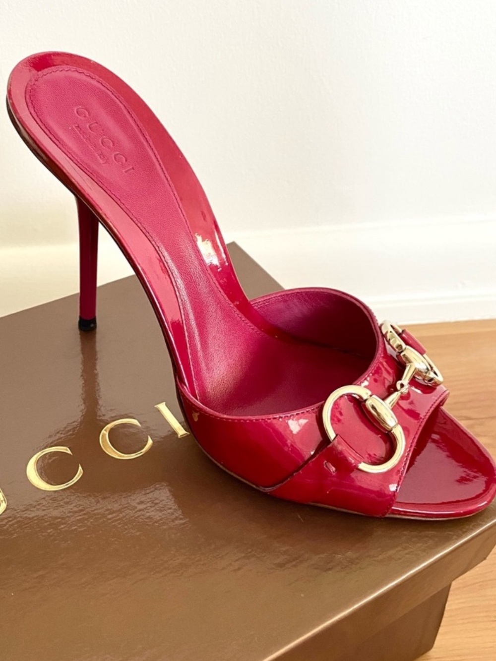 Gucci Pink Patent Leather Horsebit Open-Toe High Heels